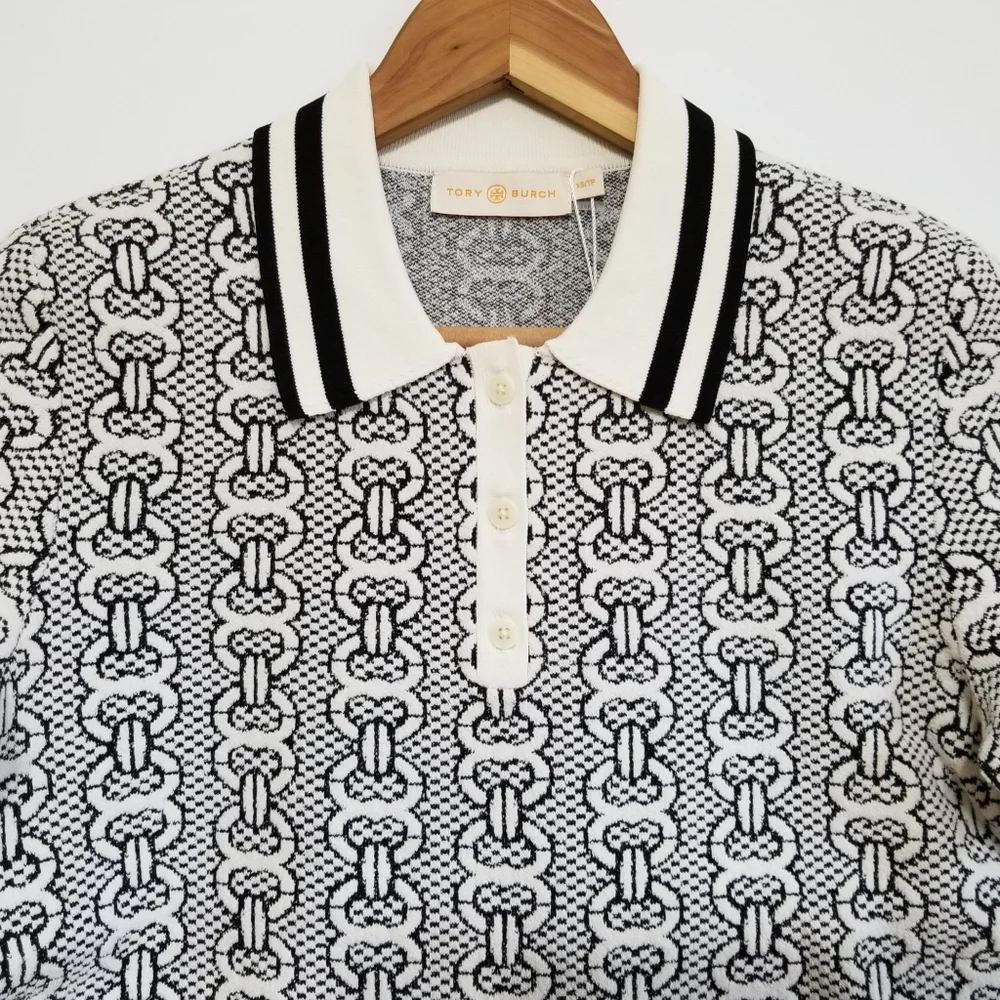 NWT Tory Burch Gemini Link Sweater Polo Shirt Top in New Ivory Black Size S $348